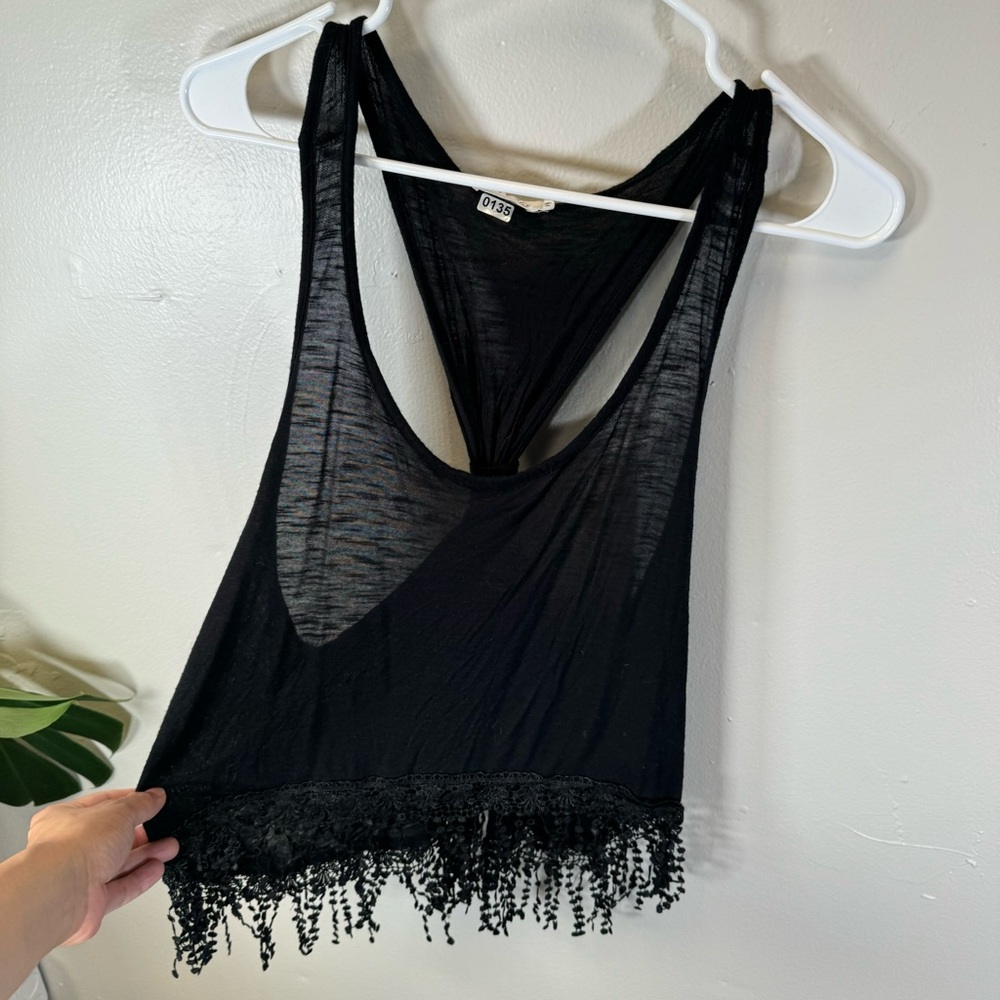 Festival tank top black fringe racerback small cropped